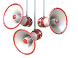 Three red and white megaphones 3D