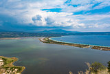 View of Divari Beach and the Divari lagoon in the Peloponnese region of Greece, from the Palaiokastro