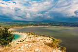 View of Voidokilia beach and the Divari lagoon in the Peloponnese region of Greece, from the Palaiokastro