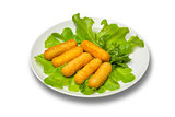 Cheese sticks with salad leaves on a white plate on a white background