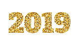 Happy new 2019 year. Gold glitter particles and sparkles. Holidays vector design element for calendar, party invitation, card, poster, banner, web