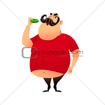 Fat guy takes a bite of a donut. Funny cartoon obesity man in a T-shirt with a naked belly. Puffy mustachioed big happy character. Unhealthy food and harmful lifestyles concept