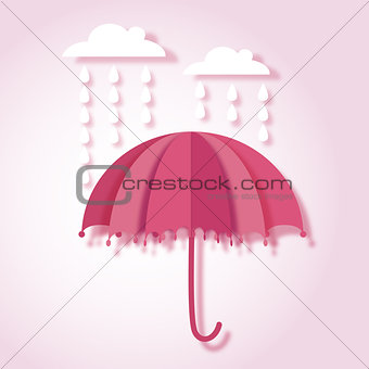 paper art vector illustration with umbrella and rain drops