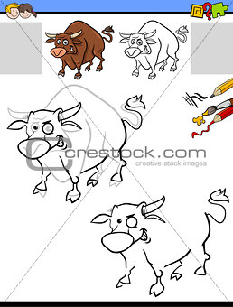 drawing and coloring worksheet with bull