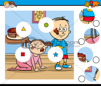 match pieces puzzle with children and pie