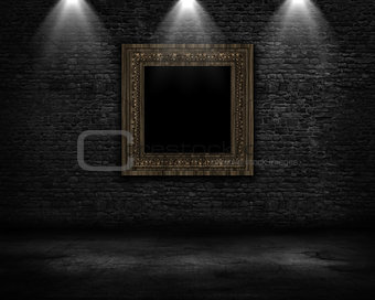3D grunge room interior with vintage blank picture frame and spo