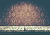 3D old wooden table looking out to a brick wall vintage style