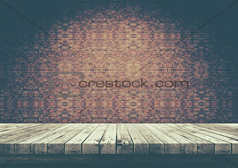 3D old wooden table looking out to a brick wall vintage style