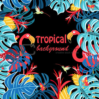 Tropical background with leaves and flamingo