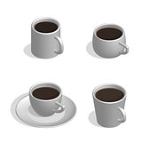 Set of white cups for coffee in 3d, vector illustration.