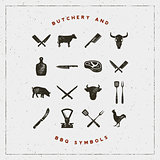 set of butchery and barbecue symbols with letterpress effect. vector illustration