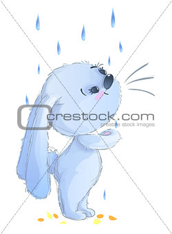 Happy bunny with Autumn leaves under rain cartoon isolated on white background