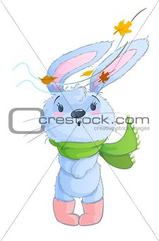 Vector watercolor style bunny with Autumn leaves under wind cartoon isolated on white background
