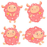 Vector illustration clipart set of cute funny pink girl sheep dancing running jumping staying with bell for kids and babies print and textile design, wall design, stickers, art