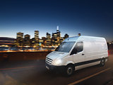 Fast van on a city road delivering at night. 3D Rendering