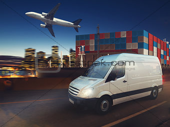 Fast van on road delivering at night with cargo and airplane in background. 3D Rendering