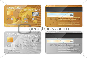 Realistic gold and silver bank credit card template isolated. Bank plastic credit card mockup with abstract design and world map for banking. Vector illustration