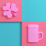 Clover and beer mug on bright red blue background in pastel colo