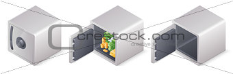 Set of closed full and empty safe boxes isolated on white background. Isometric vector illustration