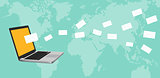 newsletter concept illustration with notebook laptop and mail flying spreading around the world with map as background