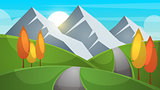 Cartoon landscape. Mountain, firr, cloud, sun illustration