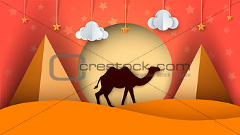Cartoon paper landscape. Camel illustration. Cloud, star, sun, pyramid.