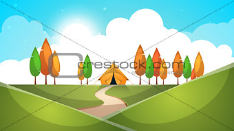 Cartoon landscape. Tent, tree, hill, grass illustration.