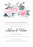 Fresh and light wedding invitation with a bouquet of roses, leaves and spring plants. Elegant vertical card template. Vector illustration.