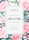 The classic design of a wedding invitation with flowering roses, plants, white flowers and leaves. Elegant vertical card template. Vector illustration.