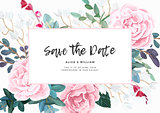 Floral wedding invitation with pink roses on white background. Horizontal RSVP or save the date template. Classic vector design.