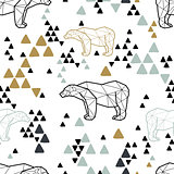 Seamless tribal pattern with low poly polar bears and triangles. Kids and baby fashion fabric design. Vector illustration.