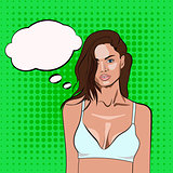Vector cartoon girl brunette in white bra. Advertising poster for sales, discounts, special offers with speech bubble