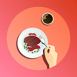 Vector flat illustration catering party with people hands and a plate with dishes from the menu, top view