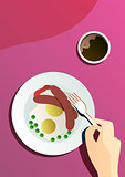 Vector flat poster catering party with people hands and a plate with dishes from the menu, top view