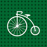  Penny-farthing icon white isolated on green background. antique old bicycle with big wheels.