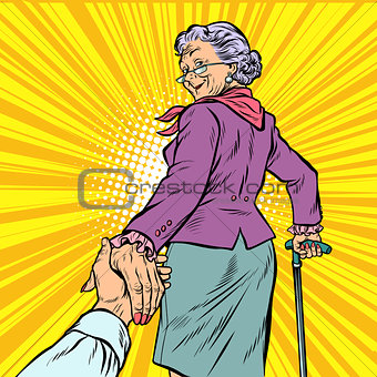 follow me Mature woman Granny leads hand