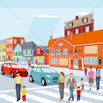 City with pedestrian crossing and cars, illustration