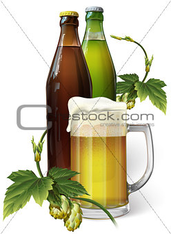 Beer mug, hops, two beer bottles