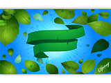 Spring blue panel and leafs with green banner