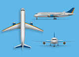 Realistic passenger airplane mock up, airliner in top, side, front view. Modern aircraft flight isolated on blue background. 3d airplane transport design. Vector illustration