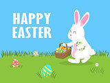 Easter Day, Joyful White Bunny do Egg Hunting in Yard