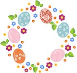Easter wreath with easter eggs on white background. Decorative doodle frame from Easter eggs and floral elements.