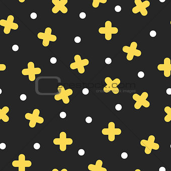 Seamless golden cross pattern in retro memphis style, fashion 80s - 90s. Abstract colored background