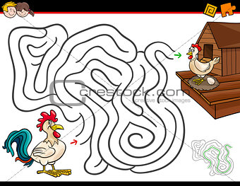 cartoon maze activity with rooster and hen
