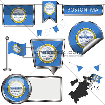 Glossy icons with flag of Boston