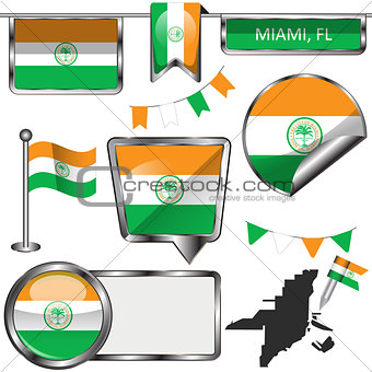 Glossy icons with flag of Miami, USA