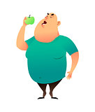 A fat man bites an apple. Useful habits and healthy eating concept. The fatty guy dreams of losing weight and chooses a healthy diet. Healthy lifestyle and proper nutrition lifestyle.
