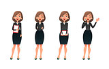 Set character businesswoman in various poses. Cartoon vector secretary or teacher on different working situations. Smiling business woman flat character on a white background.