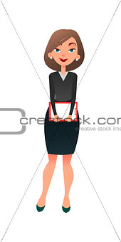Job interview. Young cartoon woman candidate for work. A confident slightly worried businesswoman is waiting for the interview. Job search and acquaintance with the vacancy concept