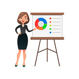 Funny cartoon woman manager presenting whiteboard about financial growth. Young businesswoman making presentation and showing diagrama on whiteboard.